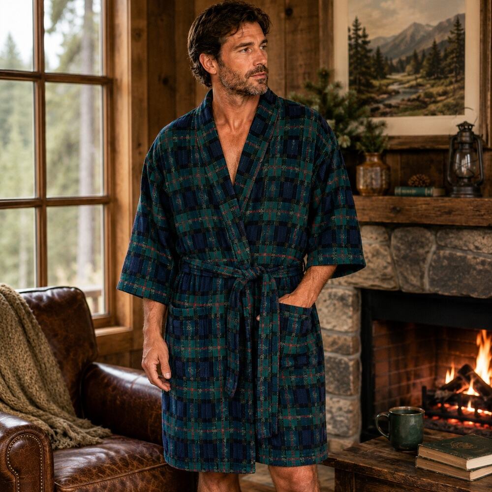 Vintage Hill & Archer Plaid Cotton Bathrobe Housecoat Green Blue Red OSFA